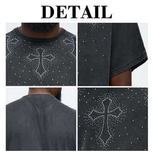 KingSen Men's 100% Cotton Rhinestone Cross Oversized T <b>Shirt</b> Dropped Shoulder Loose Fit Washed Casual Tee for Streetwear - Product Image 6