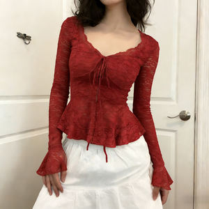 Blusa Elegante Casual de Mujer con Cuello V de Encaje Rojo, Manga Larga, Lazo Frontal y Mangas Acampanadas, Nuevo Estilo 2026 - Product Image 5