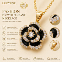 LUOYUNE Collier Pendentif en Laiton Plaqué Or 18K, Élégance Minimaliste, avec Breloque Fleur Rose Noire Émaillée et Zircon, pour Vente en Gros et OEM