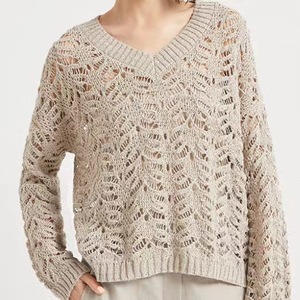 Maglione da <span class=keywords><strong>Donna</strong></span> in <span class=keywords><strong>Lino</strong></span> Leggero con Scollo a V e Paillettes, Top in <span class=keywords><strong>Maglia</strong></span> Traspirante a Rete a Maniche Lunghe per Autunno - Product Image 1