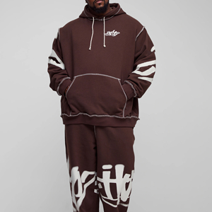 Men's Brown Oversized Hooded Sweatshirt Set With White Letter Print Pocket Fleece Tracksuit Autumn Wear - Product Image 4