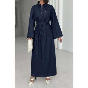 Vestido largo vaquero con cinturón, cuello vuelto, lavado oscuro, estilo camisero, cruzado y con lazo, azul marino para mujer - Product Image 3