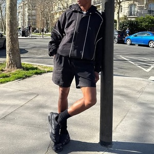 Custom <b>Men</b> 2 Piece Tracksuit White Contrast Piping Hooded Windbreaker <b>Jacket</b> Casual Shorts Streetwear Matching Outfit - Product Image 3