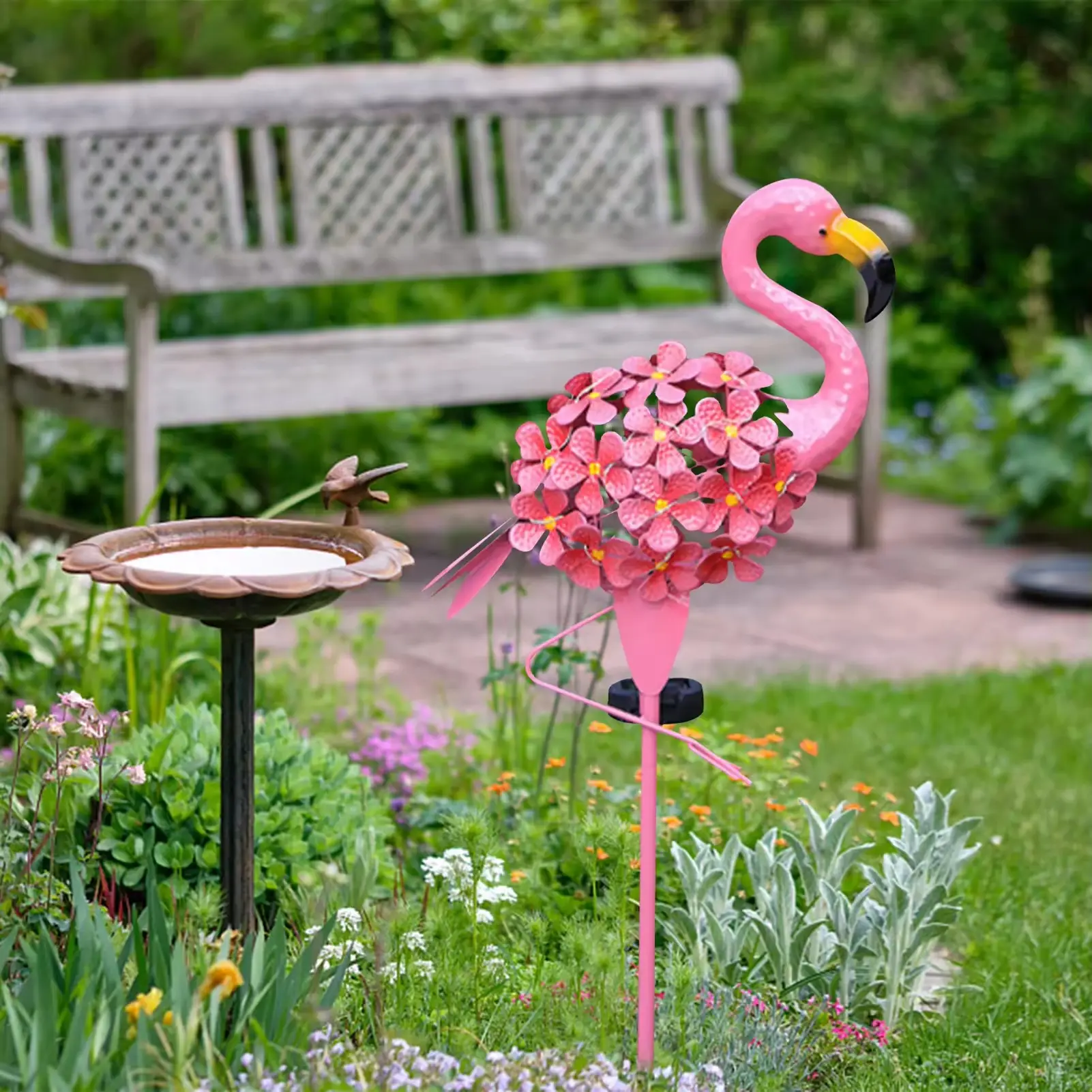 Outdoor solar lighting metal art craft pink flamingo yard ornament