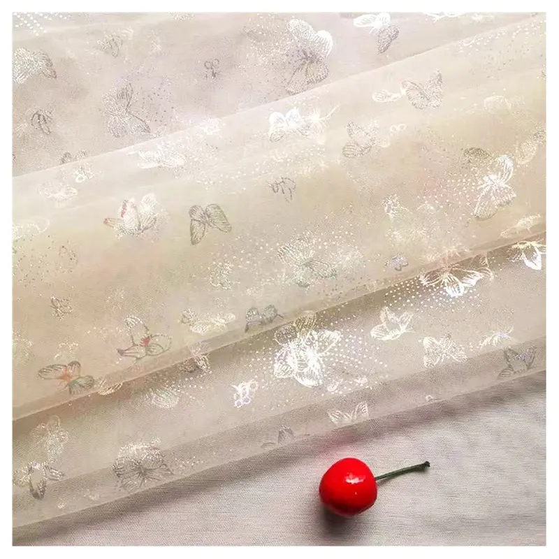 Beige Transparent Polyester Tulle Fabric Textile Printed Multicolor Butterfly Mesh Tulle Fabric