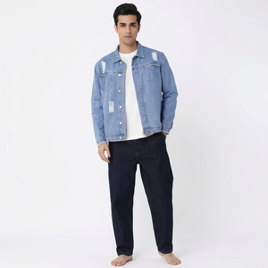 High Quality Custom Design ODM Factory Wholesale <b>Men's</b> Denim <b>Jacket</b> with Stand Collar Front Logo Hooded & Windproof - Product Image 1