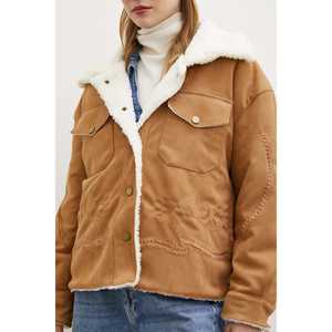 Chaqueta Safari de Gamuza Color Tabaco con Forro de Felpa, Manga Larga, Abrigo para Mujer - Product Image 1
