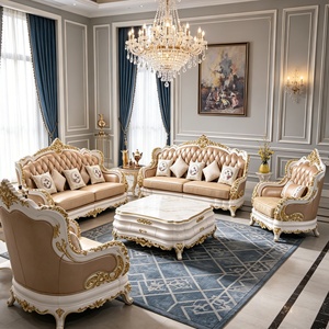 Ensemble de canapés en cuir véritable de luxe européen, 3 places, <span class=keywords><strong>2</strong></span> places, fauteuil, cadre en bois sculpté doré, salon, style classique palais - Product Image 4