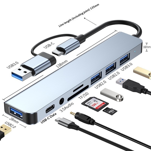 USB3.0 Type-C Expansion Dock Aluminum Alloy 8-Port Multi-Interface Splitter USB Hub for Notebook Tablet Phone Computer Desktop