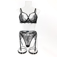 RUIYI Porte-jarretelles 3pcs Femme Noir Élégant Dentelle Exotique Soutien-Gorge et Slip Ensembles Lingerie Femmes