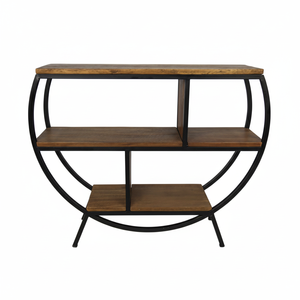 Table console en forme de demi-console en métal industriel moderne et bois de manguier massif, cadre en fer noir pour le salon, l'hôtel et le couloir. - Product Image 1