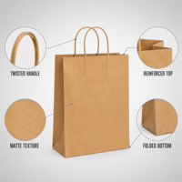 Sac en papier kraft brun écologique avec logo personnalisé et poignées torsadées, sac d'emballage alimentaire recyclable pour boulangerie et boutique