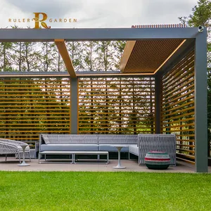 ยืนฟรี mirador pergola สวนพับ louvre หลังคากันสาดประตูหน้ากลางแจ้งที่พักพิงฝนหลังคาอลูมิเนียมแบบพับเก็บได้