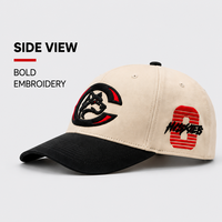 Casquette de baseball structurée unisexe à 5 panneaux, brodée, style A-Frame, bicolore crème et noir, avec lettres universitaires, motif mascotte Husky