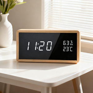 Bán buôn Tabletop LED tre Acrylic đồng hồ với nhiệt độ humidty <span class=keywords><strong>3</strong></span> Báo động Điều khiển bằng giọng nói gỗ sáng làm cho lịch cho nhà - Product Image 1