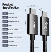 Câble USB 4 Type-C TBT4 haut de gamme, câble tressé, sortie d'affichage 8K, transfert de données 40 Gbps, charge 100 W, Thunderbolt 4 pour appareil photo