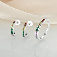 Parure de bijoux en argent sterling 925, motif arc-en-ciel, comprenant une bague demi-éternité et des boucles d'oreilles créoles en forme de C, serties de zircons cubiques colorés, pour femme