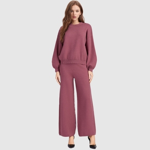 Trend Solid Color Cotton Knitted Lantern Sleeve 2 Piece Clothing Sweater Set for Women Fashion - Product Image 1