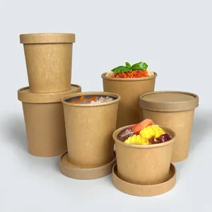 Custom 16oz 26oz 32oz Biodegradable Kraft Takeaway Soup Bowl With Lid