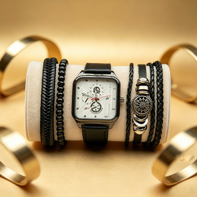 Multi-Dial White Square Quartz Watch Bracelet Gift Set for Gentlemen