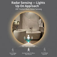 Miroir de salle de bain intelligent rond à LED avec capteur de mouvement radar, anti-buée, commande tactile, affichage de l'heure et de la température, éclairage annulaire rétroéclairé ou frontalement