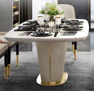 الايطالية أثاث غرفة المنزل نمط جديد الجلود والكروم طاولة طعام فاخرة ما بعد الحداثة قرص من الرخام للمنضدة طاولة طعام طاولات وكراسي مجموعة - Product Image 5