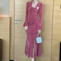 ZYHT 31013 Rose froncé évasé drapé manches col bénitier décontracté fente robe mince moulante femmes soirée robe de soirée