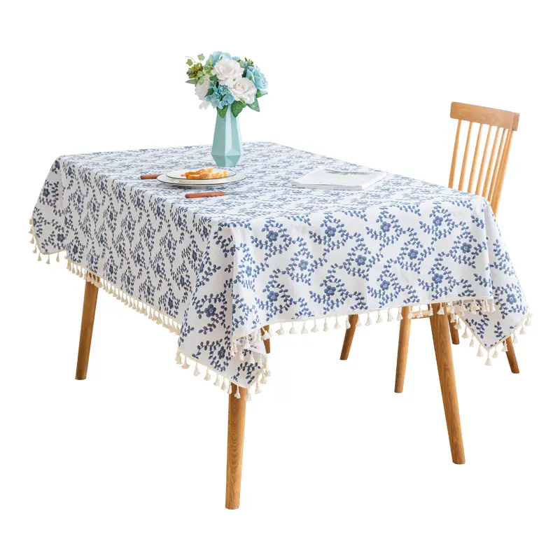 Blaues und weißes Porzellan Blumen tischdecke Nachahmung Baumwolle Leinen Quaste gedruckt Esstisch Couch tischdecke Tischdecke