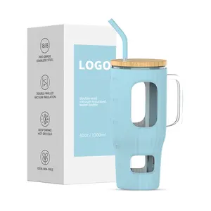 OEM 1000ml Bamboo Lid Bottle Silicone Sleeve Beer Glass Tumbler Mug With Handle