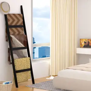 6 Tier Blanket Ladder Holder Blanket Rack Ladder Shelf Bamboo Rack Stand For Bathroom Living Room Bedroom Balcony Black