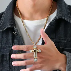 Tryme Cross Necklace For Men Byzantine Gold Color Stainless Steel Chain Catholic Crucifix Pendant Male Punk Rock Ornaments