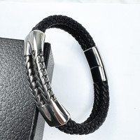 Bracelet en cuir tissé sur mesure de haute qualité en gros, 2 couches, acier inoxydable, bracelet en cuir tendance, bijoux pour hommes, bracelets