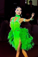 Robe de danse latine Vennystyle sur mesure en spandex/coton avec strass, franges en plumes, pour ballroom, rumba, cha-cha, samba, performance de cowboy