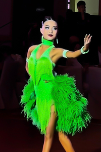 Gaun Tari Latin Vennystyle Custom Made Spandex/Katun Berhias Rhinestone, Bulu, dan Rumbai untuk Ballroom, Rumba, Chacha, Samba, dan Pertunjukan Gaya Koboi - Product Image 3