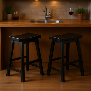 Tabourets de bar 24 pouces, hauteur de comptoir, finition noire, siège en forme de selle, bois massif, mobilier décontracté pour la salle à manger et la maison - Product Image 2