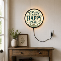 Enseigne lumineuse rétro « Notre endroit heureux », décoration murale classique pour la maison, idéale pour une cuisine, une salle à manger, une entrée, un porche, une décoration murale pour la maison