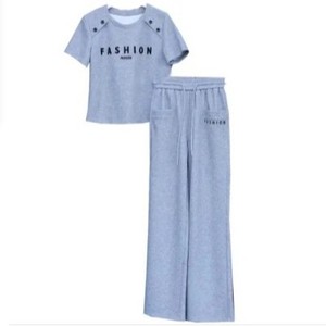 Women's Gray Casual Two-Piece Set Short Sleeve Top Straight Leg Pants Polyester Knitted Sportswear Summer Outfit - Product Image 5