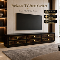 Meuble TV moderne de luxe léger avec finition en bois de palissandre brillant, 6 tiroirs et poignées dorées pour hôtel, villa, salon