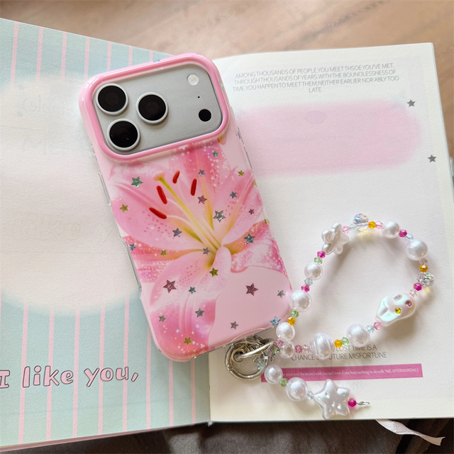 Pink Floral Print Glossy with Beaded Wrist Chain Girly Phone Case for iPhone 17 16 15 Pro Max IMD Back Cover Capa