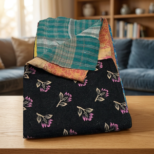 MAYURI CREATIONS Artisan Crafted Kantha Quilt Reversible Cotton Throw Blanket Vintage Floral Stitch Work 30 Count 100TC - Product Image 3