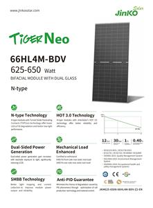 Pour panneaux solaires bifaciaux Jinko de type N, 625W à 650W, double vitrage, modèle 66HL4M-BDV, haute efficacité, panneau de 625-650 watts - Product Image 2