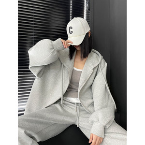 <span class=keywords><strong>Tuta</strong></span> Sportiva Casual Grigia Personalizzata con Logo OEM, <span class=keywords><strong>Felpa</strong></span> Oversize con Zip e Pantaloni Jogger per <span class=keywords><strong>Donna</strong></span>, Autunno - Product Image 1