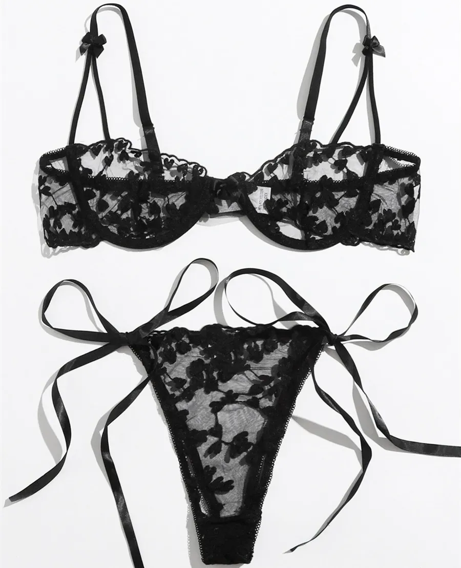 Spot wholesale transparent bra panty hot market transparent mesh style embroidery mesh underwire lingerie set