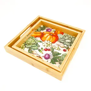 Farmhouse Wood Serving Tray with Thanksgiving Harvest Pattern Print for Kitchen Cupcake Dessert Fruit Stand Serving tray