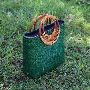 Vintage Handmade Ladies Tote <b>Bag</b> Linen Cotton Fabric Lining <b>Straw</b> <b>Bag</b> for Holiday Travel - Product Image 2