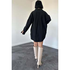 Chemise ample en lin noir pour femme, boutonnage asymétrique, tenue de tous les jours - Product Image 1
