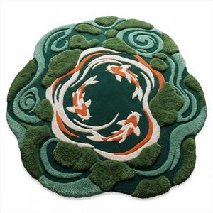 Moss Green Koi Pond Wool <b>Rug</b> Featuring Organic Irregular Edges and Hand Tufted Fish Design for Bedroom <b>Nursery</b> Kids Room Bulk - Product Image 1