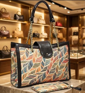 Geometric Pattern Vintage Elegance Women's Shoulder <b>Bag</b> with Flap Closure Reusable & Water Resistant PU Leather Jacquard Fabric - Product Image 2