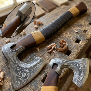 Hacha de doble hoja de acero forjado, estilo tomahawk, mango de madera, decorativa, hecha a mano, estilo vikingo, con grabado intrincado - Product Image 1