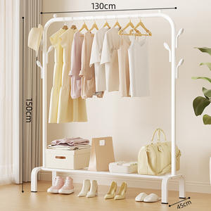 Étagère en tissu métallique à tige unique personnalisable avec 6 crochets Étagère inférieure mobile pour chaussures Vêtements Séchage Chambre Balcon Porte-vêtements - Product Image 2